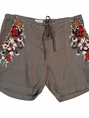 Johnny Was Shorts Linen Embroidered Floral Olive Green Drawstring Size M